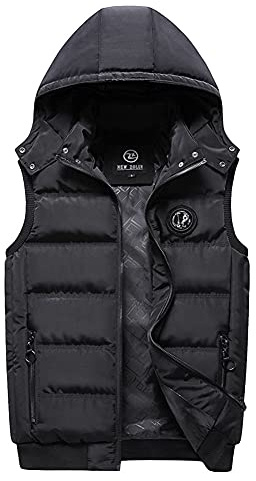 DAIHAN Hombres Otoño e Invierno Chaleco Acolchado Chaleco Sin Mangas Abrigos con Capucha Pluma Acolchado Chalecos Exteriores Gilet Cálido Chaqueta Abrigo de Plumas Parka,Negro,S