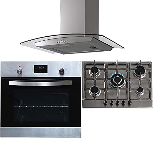 SIA SO114SS 60cm Stainless Steel Digital Single True Fan Oven, SSG701SS 5 Burner Gas Hob with Cast Iron Pan Stands & CGH70SS Curved Glass Cooker Hood