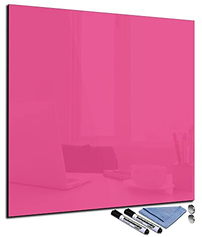 Glas-Magnettafel 80x80 cm Whiteboard Wand Beschreibbar Quadratisch Magnetisch Küche Office Büro mit Zubehör Wochenplaner Abwischbar Deko Memoboard Tafel Pink