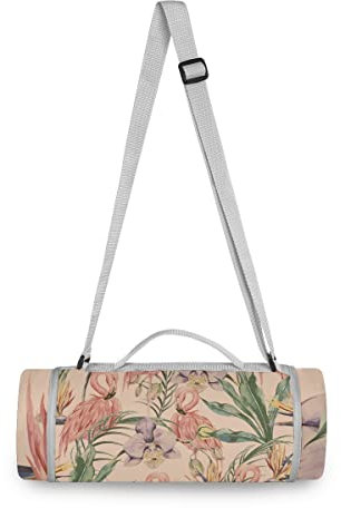 BEUSS Retro-Flamingo-Rosa-Blume Picknickdecke wasserdicht Kreative Runde Picknick-Matte Kampierende Strand Yoga Decken Matten im Freien Faltbar Leicht Matte Decke mit Tragegriff(148cm x 148cm)