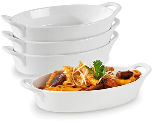 Pirofila ovale Au gratin per forno e microonde, set da 4 pezzi, in ceramica resistente al calore con manici per servire, piccola mini casseruola, 20,3 x 12,7 cm, 453,6 g, bianco