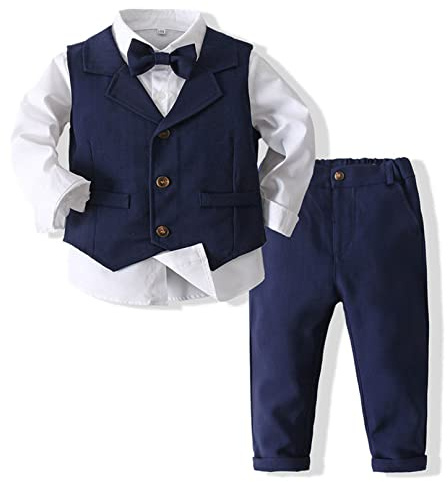 Msemis småbarn pojkar 4 stycken gentleman smoking outfit långärmad skjorta väst byxor slips för festlig dop bröllop, marinblå, 92-98