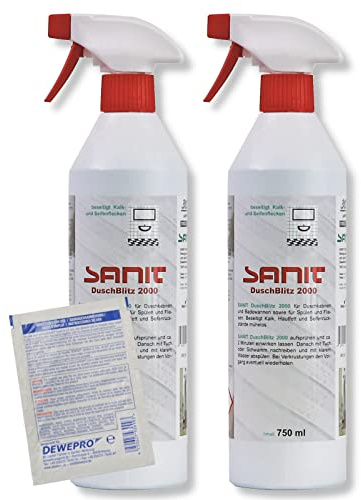 DEWEPRO-Set: SANIT DuschBlitz 2000 (3015) - 2 Flaschen à 750ml - beseitigt mühelos Kalk, Hautfett und Seifenrückstände auf Duschkabinen, Fliesen und Wannen, inkl. 1 St. DEWEPRO® Single Scrubs