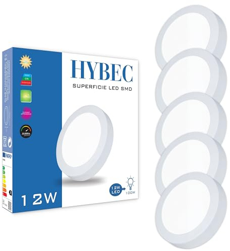 HYBEC - Downlight LED Techo Superficie 12W, Plafón Cocina y Baño, Lámpara de Techo, Blanco Neutro 4000K (Pack 5)