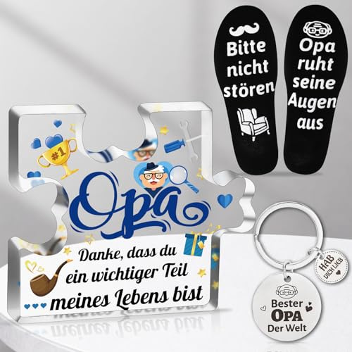 HOWAF Opa Geschenk, Geschenke fur Opa Gravierte Acryl Block Puzzle Acrylglas Platte Opa Socken Lustige Socken Opa Schlusselanhanger Opa Geburtstagsgeschenk Muttertagsgeschenk Weihnachten Geschenk