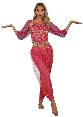 CHICTRY Femme Ensemble Danse Orientale 2PCS Haut Top Danse du Ventre & Pantalon Bellet Dance Déguisement Princesse Indien Arabe Costumes de Scène Belly 2PCS Rose Vif Taille Unique