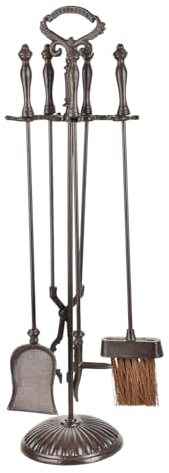 Sungmor Set di 5 attrezzi per caminetto in ghisa, resistente, grande, rustico, marrone, accessori per caminetto da interni ed esterni, include pinza, pala, attizzatoio, spazzola e supporto