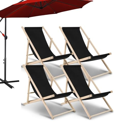 Tubiaz 4er Liegestuhl 120kg Belastbar Strandstuhl Holz,Gartenliege Klappbar wetterfest,Verstellbar Liegestuhl Garten Sonnenliege Holz Relaxliege Garten für Camping Balkon Pool,Schwarz