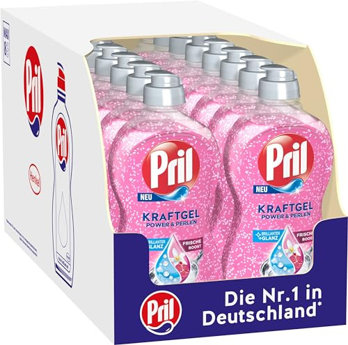 PRIL Kraft Gel Power & Perlen (16x 450 ml), Handgeschirrspülmittel mit hoher Fettlösekraft, für sauberes Geschirr mit brillantem Glanz und Frische-Boost