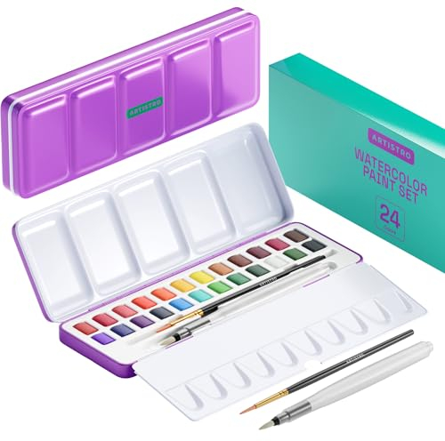 Artistro Set di Pittura Acquarello 24 Colori, Set di Acquarelli da Viaggio in Scatola Portatile, Set di Pittura Acquarello per Bambini, Set Mini Acquarelli per Adulti, Artisti, Hobbisti Amatoriali