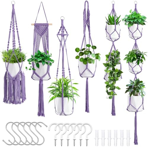 SFENNGPET Makramee-Pflanzenaufhänger, 6 Stück, hängende Pflanzgefäße für Zimmerpflanzen mit 6 Aufhängern, handgefertigt, Macromay-Pflanzenaufhänger, Blumentopf-Halter, Ständer für Boho-Heimdekoration