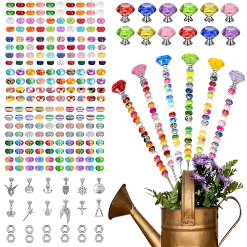 Prefdo Dekorative Gartenstecker zum Selbermachen, Feenstab mit Perlen, Set mit Diamant-Stopper, 30,5 cm Gewindestange, 200 bunte Perlen für Innen- und Außenbereich, Blumentopf-Dekoration, 236 Stück