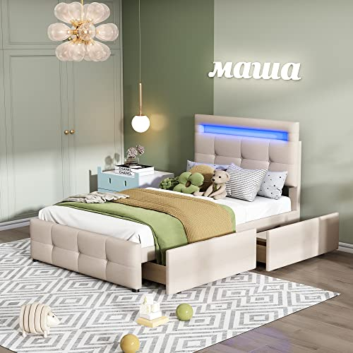 Polsterbett 90x200 mit LED, Einzelbett Stauraumbett mit 2 Schubladen, Bettgestell mit Verstellbares Kopfteil und Lattenrost, Kinderbett, Jugendbett, Hautfreundliches Leinen Bett, Ohne Matratze, Beige