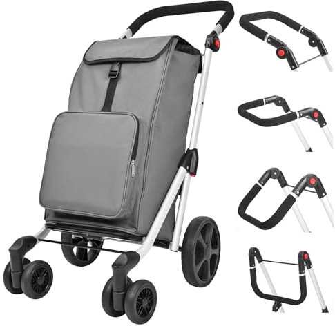 LEUYA ABC Einkaufstrolley, 45L Griff Verstellbar, mit Isolierter Kühltasche, Einkaufstrolley Klappbar, 6 Rädern, Abnehmbar Einkaufstasche, Stabil und Leicht, 25KG (grau)