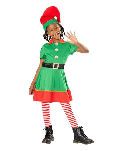 Rubies Costume da Elfo di Natale per bambina, vestito, cintura, calze e cappello, elfo, elfo per Natale, funzioni scolastiche, feste, Babbo Natale Carnevale