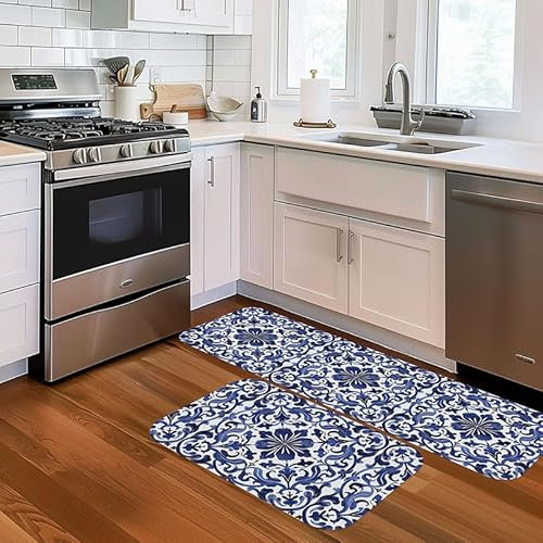 Küchenteppich Blaue Blumen Küchenläufer,Teppich Für Küchenteppich Waschbar rutschfest, Fussmatte Aussenweich Und Superabsorbierend Waschbar In Waschmaschine 50X160