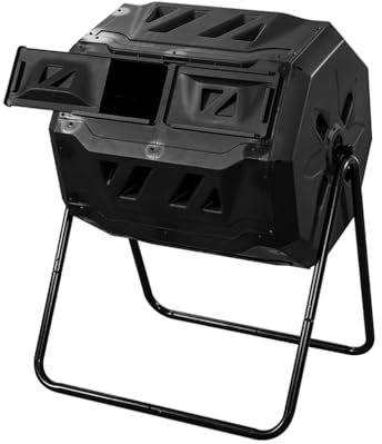 BAOYOUNI Outdoor Compost Bin 160L Dual Chamber Tumbling Rotating Composter with Sliding Doors & Steel Frame for Garden, Patio, Yard - Black, 71 X 56 X 94cm
