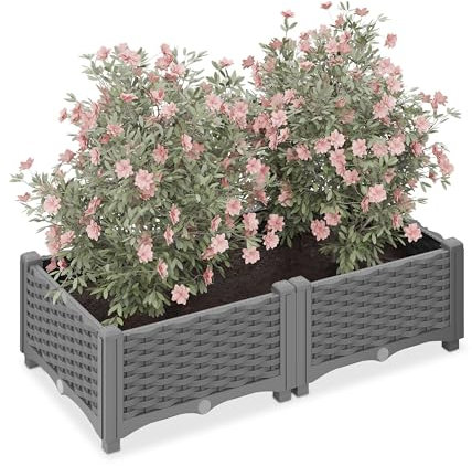 Relaxdays Pflanzkübel, Rattan-Optik, HBT: 23x80x40 cm, Garten, Balkon & Terrasse, Blumenkübel mit Wasserspeicher, grau