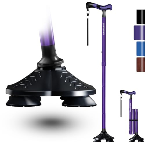 KingPavonini Gehstock für Damen & Herren, Freistehend Gehstock Klappbar, Ergonomischer Griff mit Schwenkbarer Vierfußbasis, Tragkraft 159kg, Verstellbar, mit Reisetasche