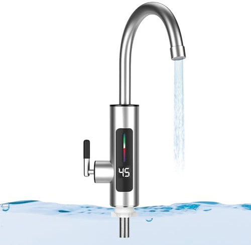 Instant Hot Water Tap, Stainless Steel Water Heater Tap Supply Hot and Cold Water Faucet with LED Digital Display for Kitchen Bathroom(220V 3000W, UK Plug)