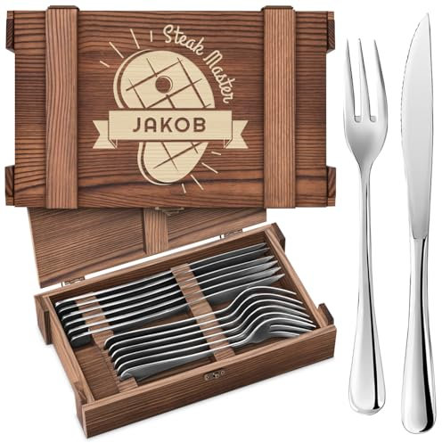Maverton Steakbesteck 12-teilig - 6 Steakmesser und 6 Steakgabel - Edelstahl Grillbesteck in Holzkiste - personalisierte Geschenke für Männer - Besteck Set für 6 Personen