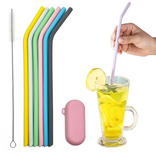 6 Piezas Pajitas de Silicona Reutilizables con cepillos de limpieza y caja de almacenamiento, Pajitas Flexibles Ecológicas, Ideales para Zumo, Té con Leche (Diámetro 0,8 cm, Altura 25 cm)