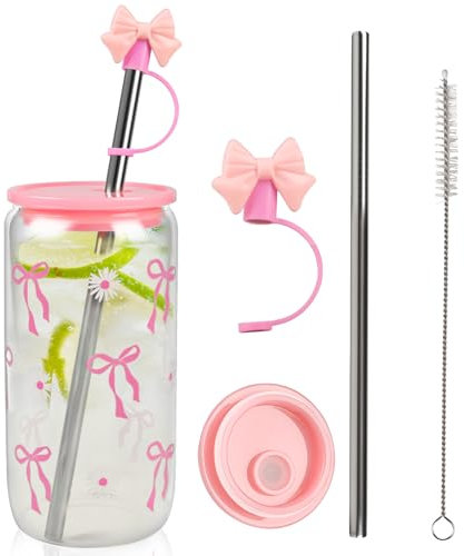 TUZELIYA Bicchiere in vetro da 500 ml, con coperchio e cannuccia, elegante regalo per ragazze e migliore amica, design con fiocco rosa, per caffè, frullati e cocktail