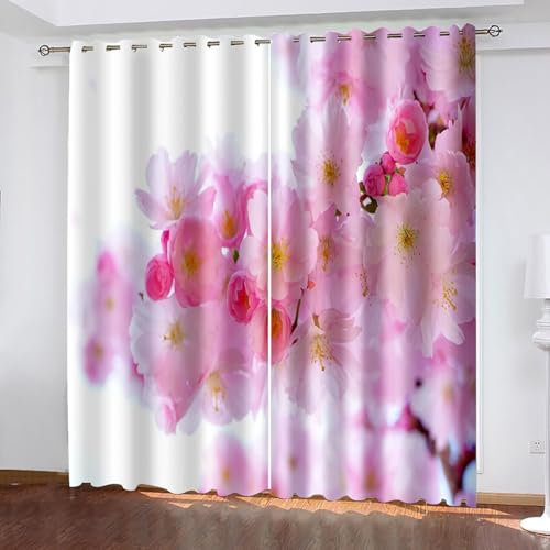 KnSam Opaque Curtains Pink White Rose White Floral Pattern Blackout Curtains with Eyelets 2 Pieces Sound Insulation Thermal Curtains Bedroom Curtains
