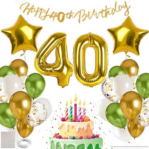 MIEWAA Globos 40 Cumpleaños Hombre, Adornos Fiesta Decoracion 40 Años Cumpleaños Mujer con Banner HAPPY BIRTHDAY, Número 40 Grande y Globo Foil Estrella, Globos Latex y Confetti, Verde-Dorado-Blanco