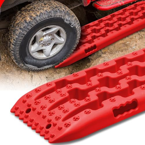 Sandbleche Offroad 2 Stück - 10-Tonnen-Nylon-Traktionsmatten Für Schnee & Schlamm | Anfahrhilfe | Tiefe Rillen & Antirutsch-Piksel | Kompatibel Mit, LKW & Geländewagen | Rot