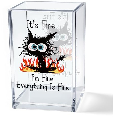 Vgrti It's Fine I'm Fine Acrylic Cosmetic Pencil Pen Holder Cup, Funny Black Cat Pen Holder Cup, Cat Lover Gift for Women Men, Office Sarcastic Gifts for Women Men Colleague Boss