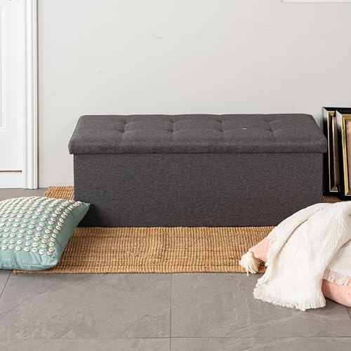 FurnitureR Banc de Rangement en Tissu, Ottoman en Bout de Lit, Rangement pour Repose-Pieds, Coffre de Rangement Intérieur avec Compartiment Amovible, pour Salon, Chambre, Entrée, Gris Foncé L 110cm