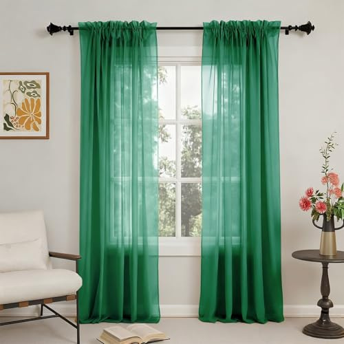 GFCC Cortinas Translucidas Salon 2 Piezas Visillos Verde Oscuro 150x260 cm | Modernas Cortinas Transparente de Suave para Dormitorio Ventanas Habitacion Comedor Cocina