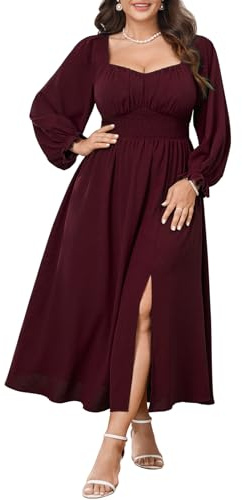 Plus Size Maxi Dresses for Curvy Women Long Sleeve Sweetheart Neckline Smocked Fall Wedding Guest Cocktail Dress Slit, Burgundy, XXL Plus