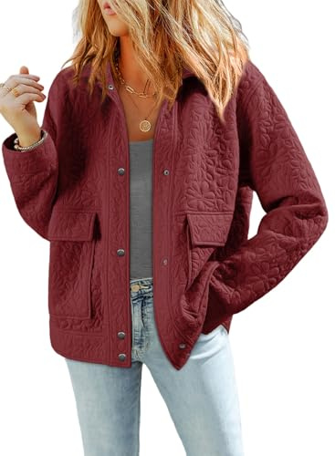 Dokotoo Quilted Jackets for Women Early Fall Fashion Casual Long Sleeve Button Up Shackets for Women 2025 Loose Comfy Lightweight Jacquard Winter Coats with Pockets Outwear Womens Jacket Red XXL