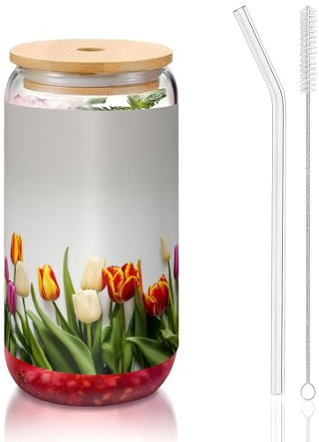JEJEA Vasos de cristal de tulipanes coloridos con tapas de bambú y popotes, taza de café, tazas en forma de lata, vasos, cócteles, transparentes