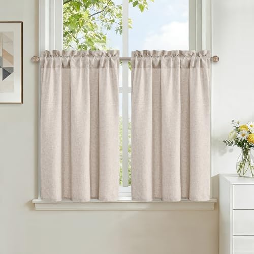 DWCN Cortinas Cortas, Color Arena, Modernas, Aspecto de Lino, 120 x 60 cm, 2 Unidades, semitransparentes, Estilo rústico, para Cocina, salón, bistró, rústico, Cortina de Armario