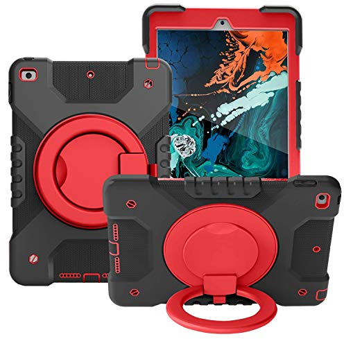 Tablettskydd Tablet Väska till iPad 10.2 2019/2020, Barn Slitstarkt stötskyddat skyddskåpa, med vikhandtag, roterande kickstand, bär axelrem(Black+red)