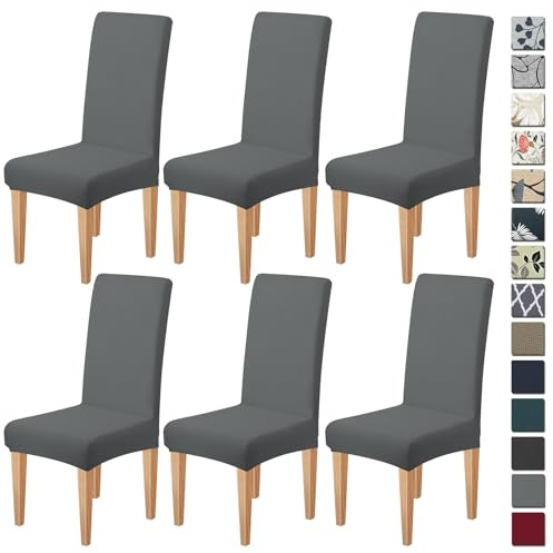 Dioxide Stretch Stuhlbezüge,Hussen für Stühle, Stuhlhussen 6er Set,Grau | Dehnbar, Rutschfest, Pillingbeständig, Atmungsaktiv und Strapazierfähig, Bänder Elastisch, Abnehmbar und Maschinenwaschbar