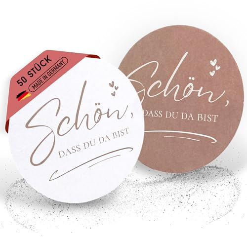 EV® Bierdeckel Pappe - 50 Stück, Rosé-Taupe [Schön, DASS du da bist] | Hochwertige Getränkeuntersetzer mit Doppelseitigem Design - Made in Germany - Ideal als Tischdeko für Geburtstag & Feste
