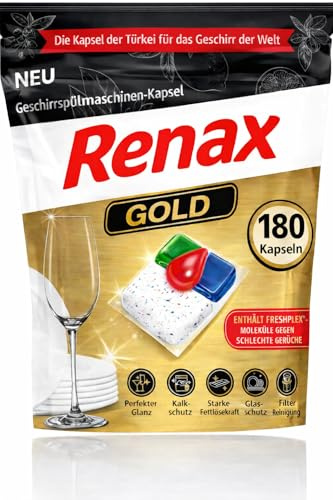 Renax Gold All-in-One Geschirrspül Kapseln | Spülmaschinentabs mit Salz, Klarspüler, Kalkschutz & Fettlösekraft Geschirrspülmaschinen Kapseln - Fettlösekraft, Glas- & Kalkschutz (180, Gold)
