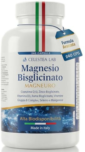 Magnesio Bisglicinato Capsule 350mg, 240cps, Con Zinco, Vitamina D3, Coenzima Q10, Vitamina B complex e Minerali, Formula Avanzata, Magnesio Completo, Integratori Stanchezza, – Made in Italy