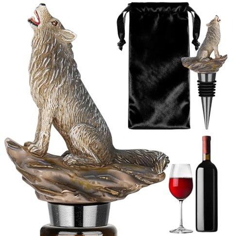 Resin Wolf Wine Stopper for Champagne Prosecco Sparkling, Wine Gift for Him | Reusable Metal Bottle Stopper, Wolf Wine Accessory, Wolf Gifts for Men Dad, Novelty Christmas Gift for Stopper Collectors