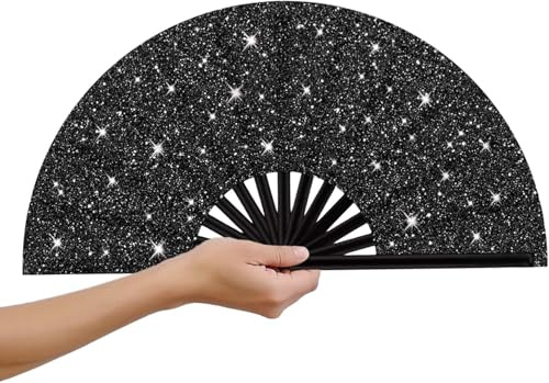 XULIDEONG Éventail à Main, 33CM Eventail Noir Geant, Éventail Pliant Brillant, Eventails à Main, Éventail Rave, pour Danse, Mariage, Fête, Spectacle, Festival de Musique, Décoration de Maison