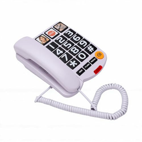 Bewinner Telefon med Stor Knapp, Förstärkt Fast Telefon med 110dB Ringsignal och 3 Fotokortnummer, för äldre äldre Synskadade, Handsfree Högtalartelefon och Visuell Samtalsvarning (Vit)