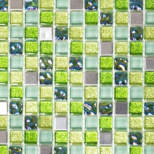 Mosaik Fliese Transluzent Edelstahl grün Glasmosaik Crystal Stahl grün für WAND BAD WC DUSCHE KÜCHE, Mattengröße: 305x322 = 0,10 qm, Steingröße: 15x15x8 mm - 1 Matte