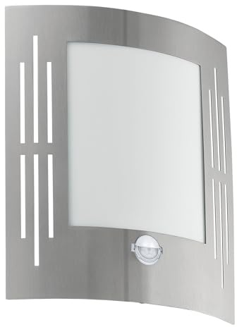 EGLO Außen-Wandlampe City, 1 flammige Außenleuchte inkl. Bewegungsmelder | Sensor-Wandleuchte aus Edelstahl, Kunststoff, Farbe: Silber, weiß, Fassung: E27, IP44