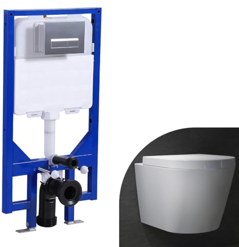 Bathroom Round Rimless Wall Hung Toilet with 1.14M Concealed Cistern Frame Set & Rectangular Sliver Dual Flush Plate