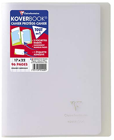 Clairefontaine 951420C – skolhäftapparat/Anteckningsbok 17 x 22 cm, 48 ark 90 g, fransk linjatur, omslag av transparent polypropen, 2 genomskinliga fodral, robust, häftad, färglös, 1 styck