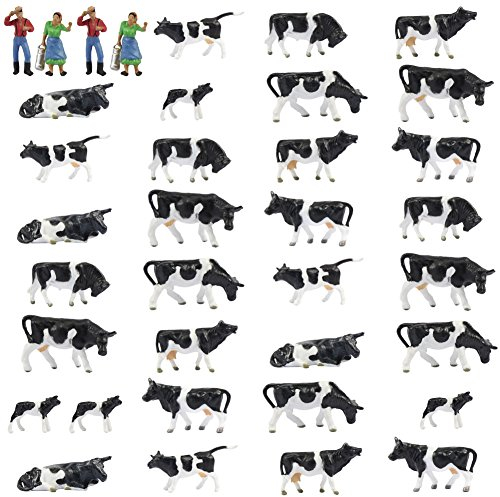 Farm Animals Figure Toys Set,AN8704 36PCS 1:87 Well Painted Model Cows figures HO Scale Model Train Scenery Layout Miniature Landscape